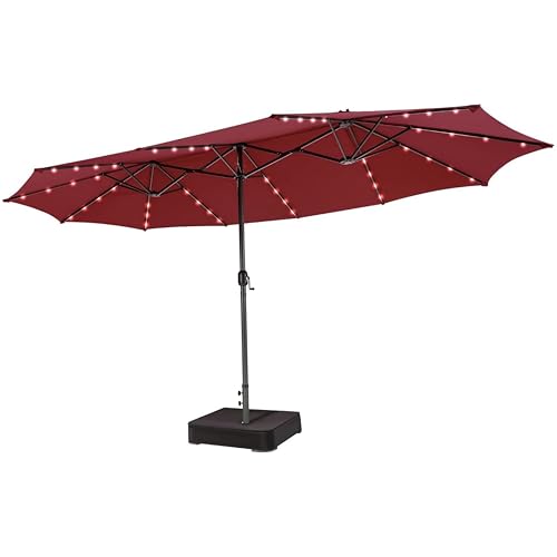 VOOYA HOME 15FT Solar Patio Umbrella with Base – 240g Heavy Duty Fabric, 3 Solar Panels, 48 LED Lights, Double-Sided(Red)