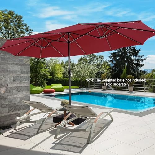 VOOYA HOME 15ft Large Patio Umbrella with 3 Solar panels, 48 Solar LED Lights Base NOT Included, Outdoor Double-Sided Rectangle Market Umbrella with Crank Handle, Perfect for Pool, Lawn, and Garden (Pole Diameter 1.9 inch)