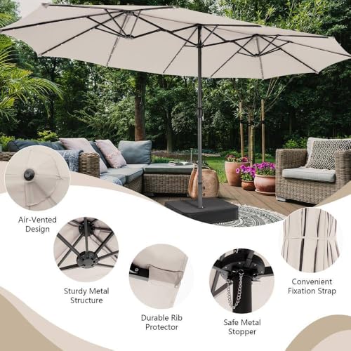 VOOYA HOME 15ft Large Patio Umbrella with 3 Solar panels, 48 Solar LED Lights Base NOT Included, Outdoor Double-Sided Rectangle Market Umbrella with Crank Handle, Perfect for Pool, Lawn, and Garden (Pole Diameter 1.9 inch)