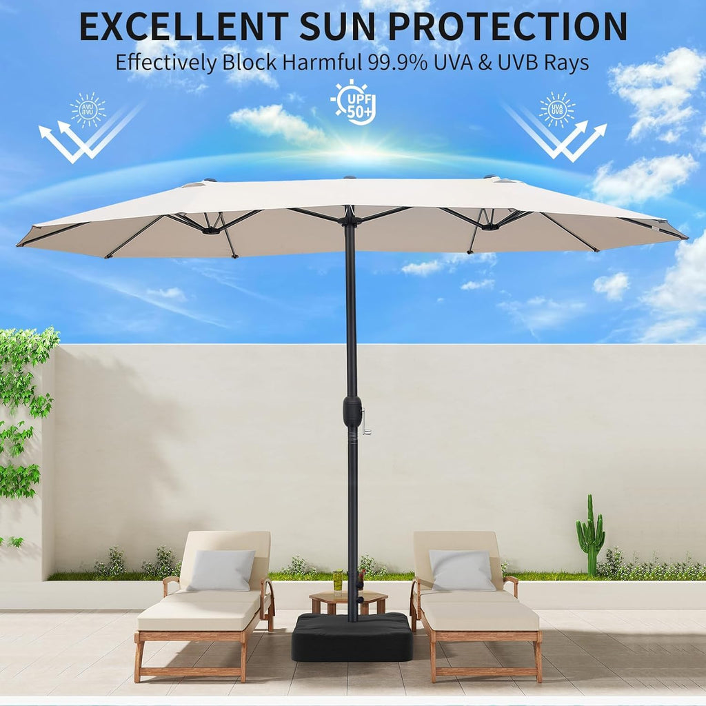 VOOYA HOME Double-Sided Patio Umbrella, 15 ft Umbrella With Base, UV Protective, Large Outdoor Market Umbrella with Crank Handle