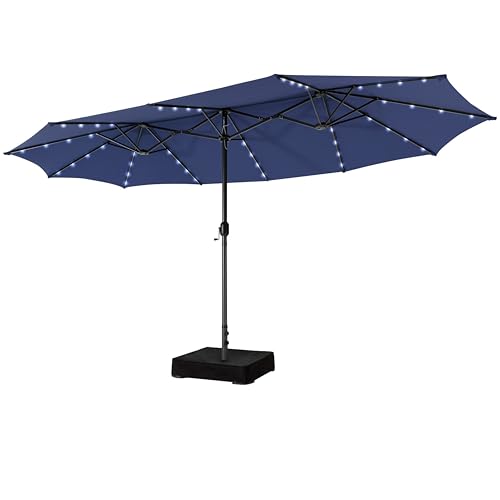 VOOYA HOME 15ft Large Patio Umbrella with 3 Solar panels, 48 Solar LED Lights,12 Ribs, Base Included, with Crank Handle, Base Included, Outdoor Double-Sided Rectangle Market Umbrella Perfect for Backyard Poolside Deck, Lawn and Garden - Navy Blue