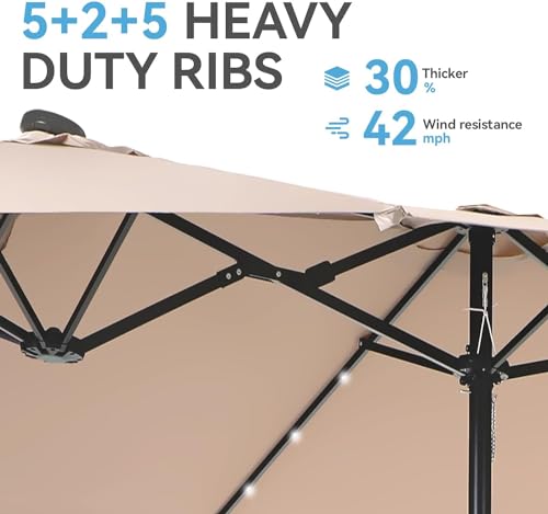 VOOYA HOME 15ft Large Patio Umbrella with 3 Solar panels, 48 Solar LED Lights Base NOT Included, Outdoor Double-Sided Rectangle Market Umbrella with Crank Handle, Perfect for Pool, Lawn, and Garden (Pole Diameter 1.9 inch)
