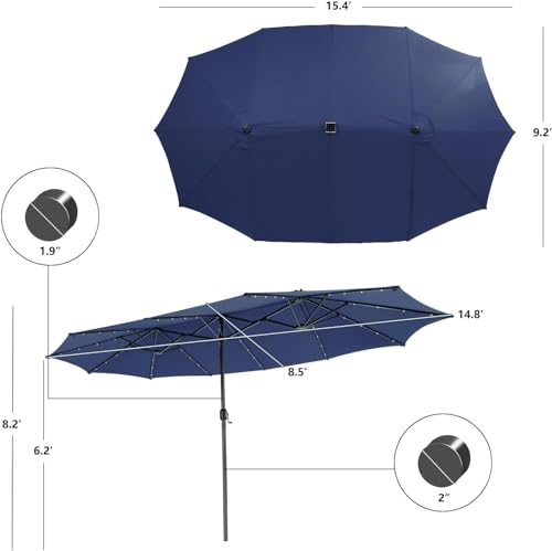 VOOYA HOME 15ft Large Patio Umbrella with 3 Solar panels, 48 Solar LED Lights Base Included, Outdoor Double-Sided Rectangle Market Umbrella with Crank Handle, Perfect for Pool, Lawn, and Garden