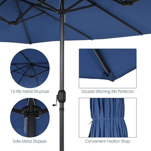 VOOYA HOME 15ft Large Patio Umbrella with 3 Solar panels, 48 Solar LED Lights,12 Ribs, Base Included, with Crank Handle, Base Included, Outdoor Double-Sided Rectangle Market Umbrella Perfect for Backyard Poolside Deck, Lawn and Garden - Navy Blue