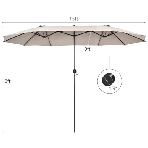 VOOYA HOME 15ft Large Patio Umbrella with 3 Solar panels, 48 Solar LED Lights Base NOT Included, Outdoor Double-Sided Rectangle Market Umbrella with Crank Handle, Perfect for Pool, Lawn, and Garden (Pole Diameter 1.9 inch)