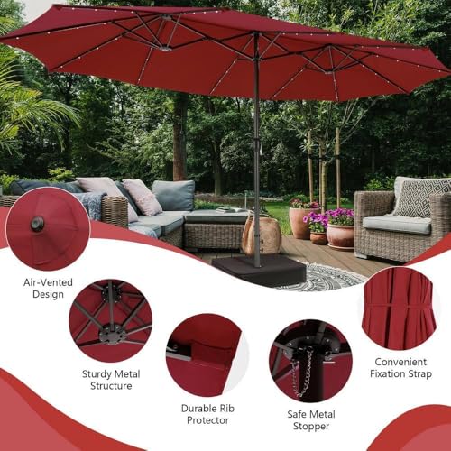VOOYA HOME 15ft Large Patio Umbrella with 3 Solar panels, 48 Solar LED Lights Base Included, Outdoor Double-Sided Rectangle Market Umbrella with Crank Handle, Perfect for Pool, Lawn, and Garden