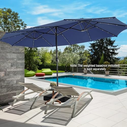 VOOYA HOME 15ft Large Patio Umbrella with 3 Solar panels, 48 Solar LED Lights Base NOT Included, Outdoor Double-Sided Rectangle Market Umbrella with Crank Handle, Perfect for Pool, Lawn, and Garden (Pole Diameter 1.9 inch)