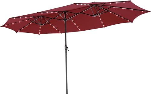 VOOYA HOME 15ft Large Patio Umbrella with 3 Solar panels, 48 Solar LED Lights Base NOT Included, Outdoor Double-Sided Rectangle Market Umbrella with Crank Handle, Perfect for Pool, Lawn, and Garden (Pole Diameter 1.9 inch)