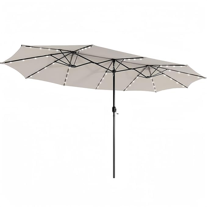 VOOYA HOME 15ft Large Patio Umbrella with 3 Solar panels, 48 Solar LED Lights Base NOT Included, Outdoor Double-Sided Rectangle Market Umbrella with Crank Handle, Perfect for Pool, Lawn, and Garden (Pole Diameter 1.9 inch)