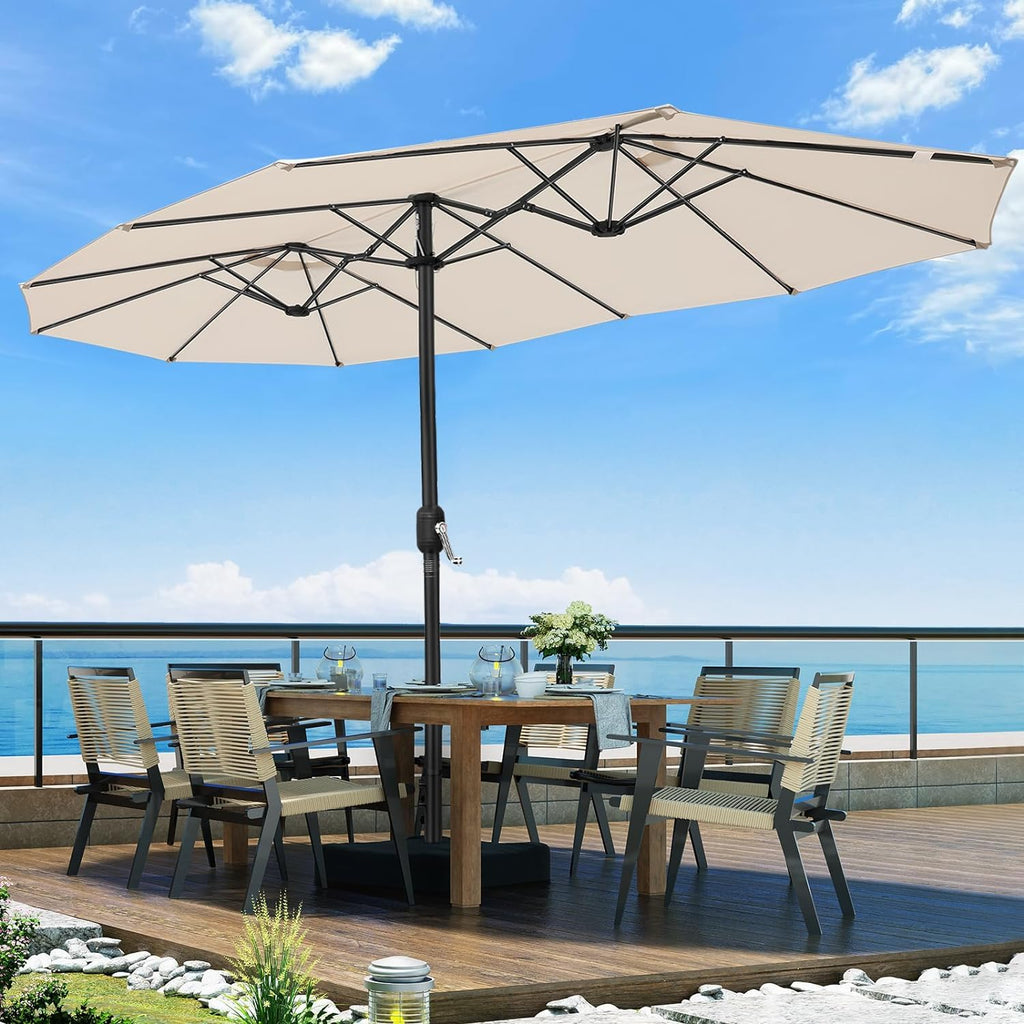 VOOYA HOME Double-Sided Patio Umbrella, 15 ft Umbrella With Base, UV Protective, Large Outdoor Market Umbrella with Crank Handle