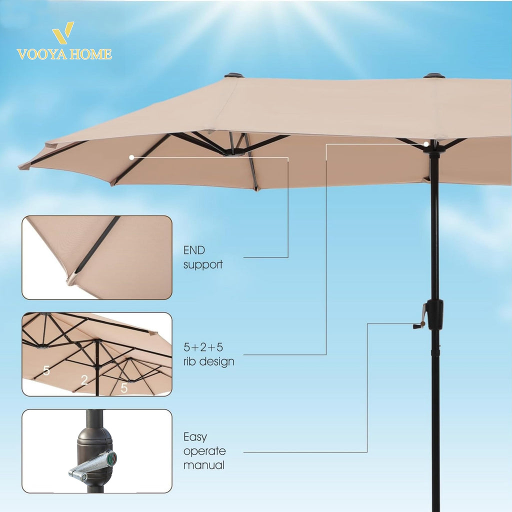 VOOYA HOME Double-Sided Patio Umbrella, 15 ft Umbrella With Base, UV Protective, Large Outdoor Market Umbrella with Crank Handle