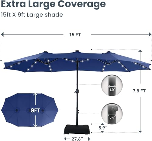 VOOYA HOME 15ft Large Patio Umbrella with 3 Solar panels, 48 Solar LED Lights Base NOT Included, Outdoor Double-Sided Rectangle Market Umbrella with Crank Handle, Perfect for Pool, Lawn, and Garden (Pole Diameter 1.9 inch)