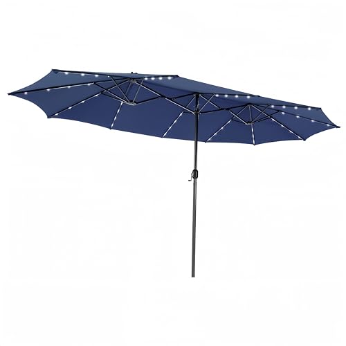 VOOYA HOME 15ft Large Patio Umbrella with 3 Solar panels, 48 Solar LED Lights Base NOT Included, Outdoor Double-Sided Rectangle Market Umbrella with Crank Handle, Perfect for Pool, Lawn, and Garden (Pole Diameter 1.9 inch)