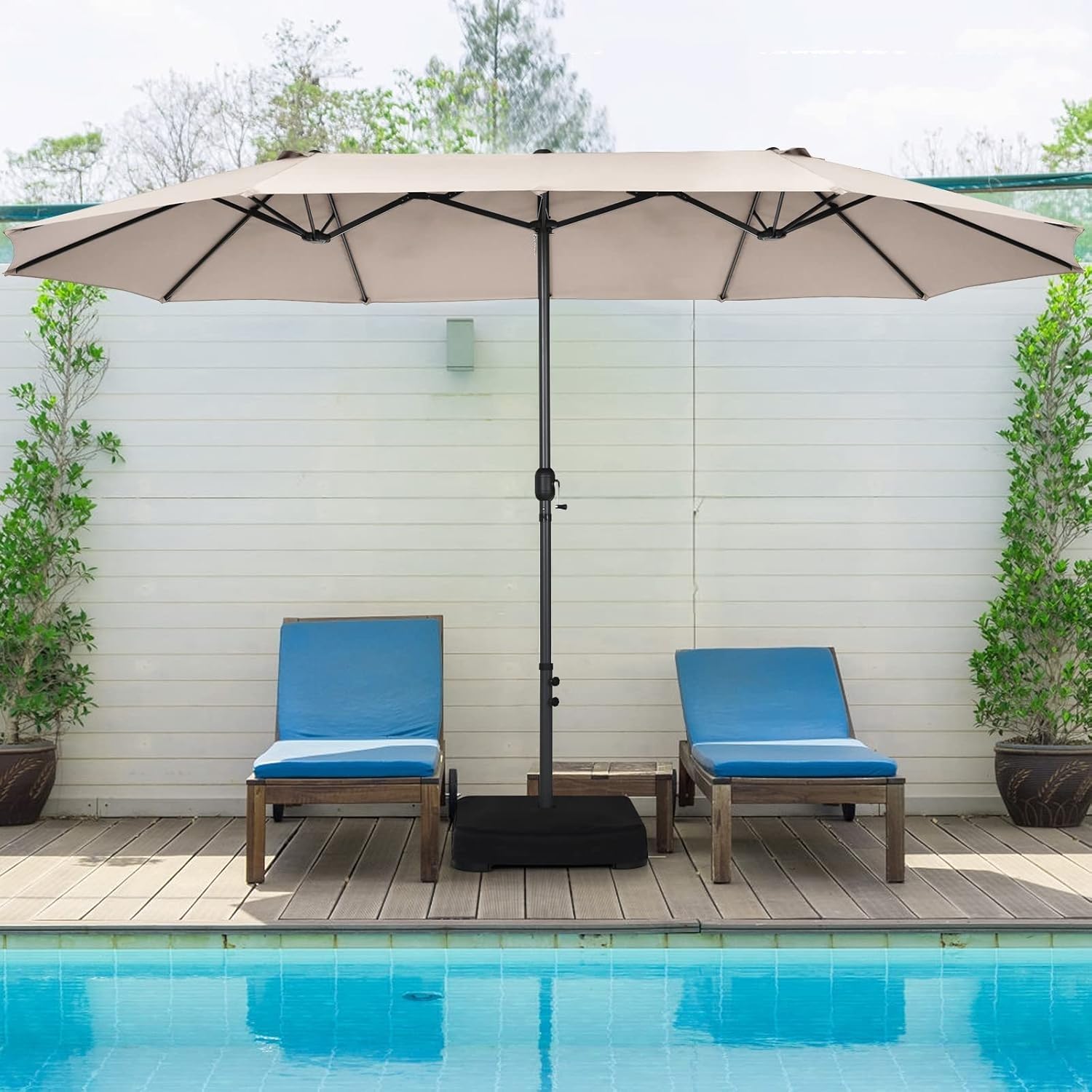 VOOYA HOME Double-Sided Patio Umbrella, 15 ft Umbrella With Base, UV Protective, Large Outdoor Market Umbrella with Crank Handle