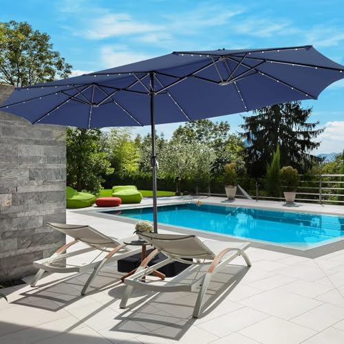 VOOYA HOME 15ft Large Patio Umbrella with 3 Solar panels, 48 Solar LED Lights,12 Ribs, Base Included, with Crank Handle, Base Included, Outdoor Double-Sided Rectangle Market Umbrella Perfect for Backyard Poolside Deck, Lawn and Garden - Navy Blue