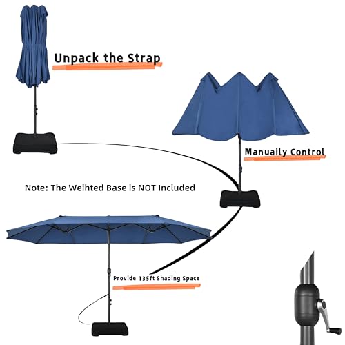 VOOYA HOME 15ft Large Patio Umbrella with 3 Solar panels, 48 Solar LED Lights Base NOT Included, Outdoor Double-Sided Rectangle Market Umbrella with Crank Handle, Perfect for Pool, Lawn, and Garden (Pole Diameter 1.9 inch)