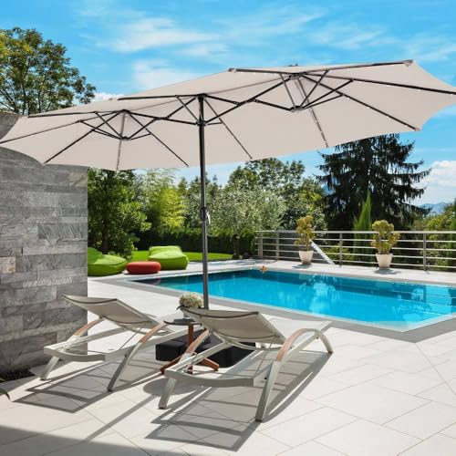 VOOYA HOME 15ft Large Patio Umbrella with 3 Solar panels, 48 Solar LED Lights Base Included, Outdoor Double-Sided Rectangle Market Umbrella with Crank Handle, Perfect for Pool, Lawn, and Garden