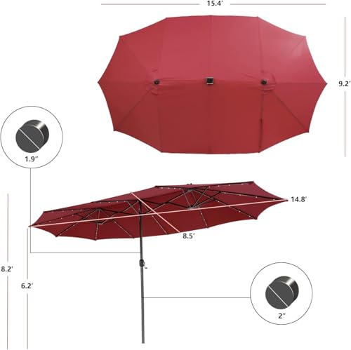 VOOYA HOME 15ft Large Patio Umbrella with 3 Solar panels, 48 Solar LED Lights Base NOT Included, Outdoor Double-Sided Rectangle Market Umbrella with Crank Handle, Perfect for Pool, Lawn, and Garden (Pole Diameter 1.9 inch)